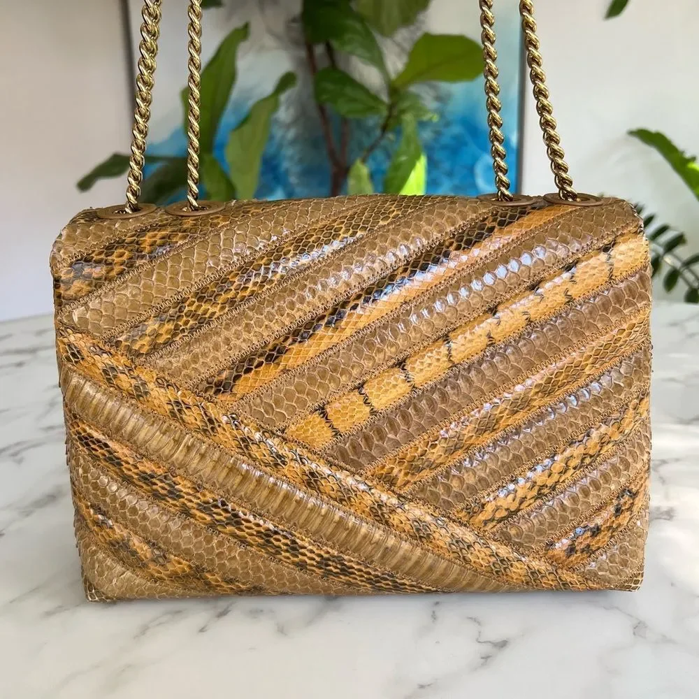 Tory Burch Kira Chevron Exotic Snakeskin Leather Convertible Shoulder Bag Tan